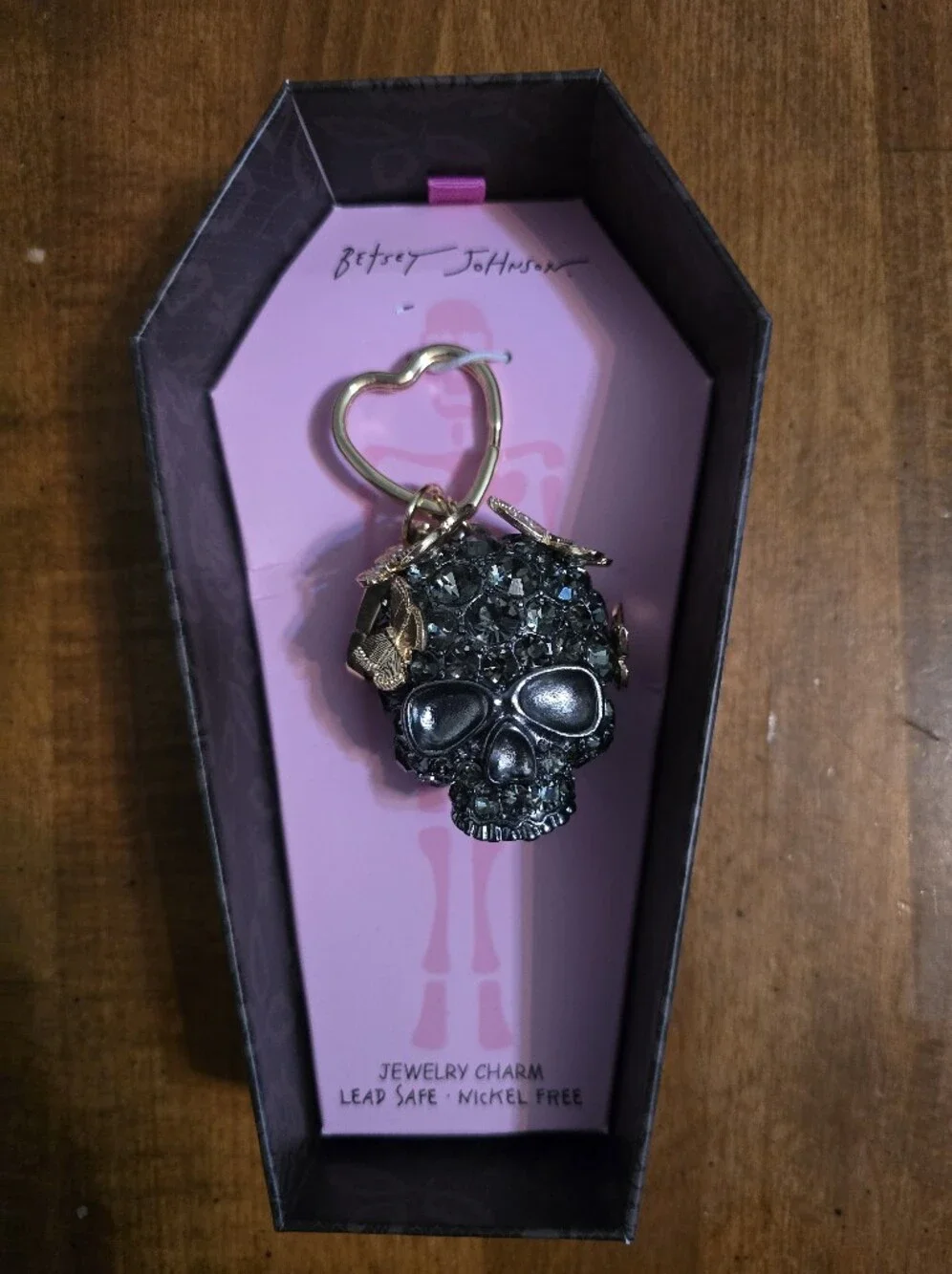 Betsey Johnson Black Crystal Skull Keyring with Gold Butterfly Accents